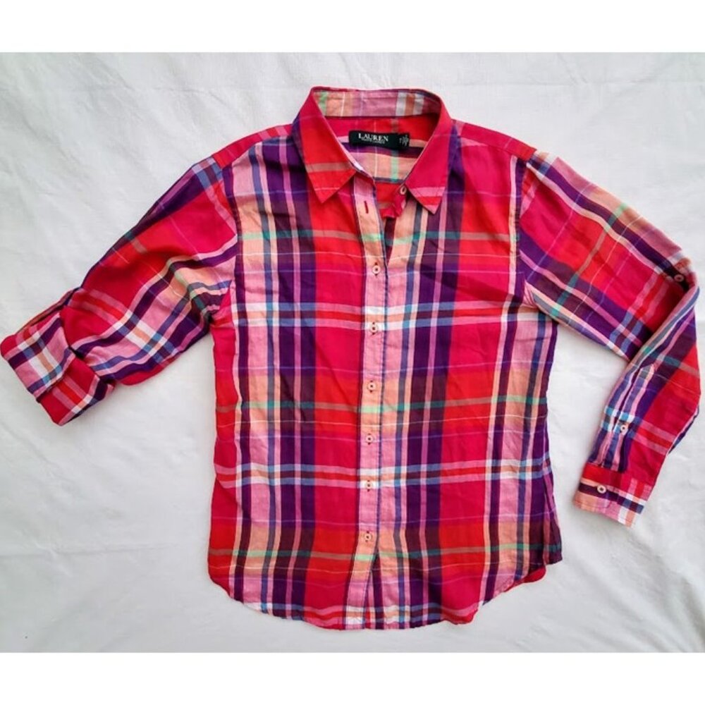 Ralph Lauren Lightweight Pink Plaid Roll-Tab Sleeve Button-Down Shirt Size PS